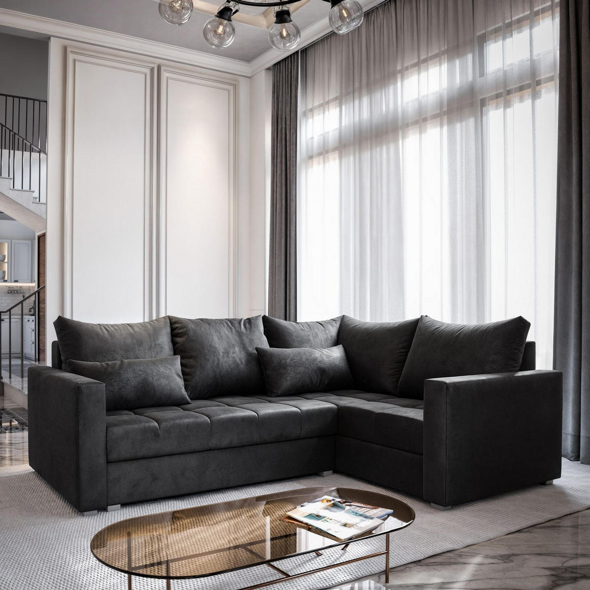 ECKSOFA LIRENO R-S Schwarz Plüsch-Stoff mit Schlaffunktion - Schwarz, Holz (220/153cm) - MASSENO