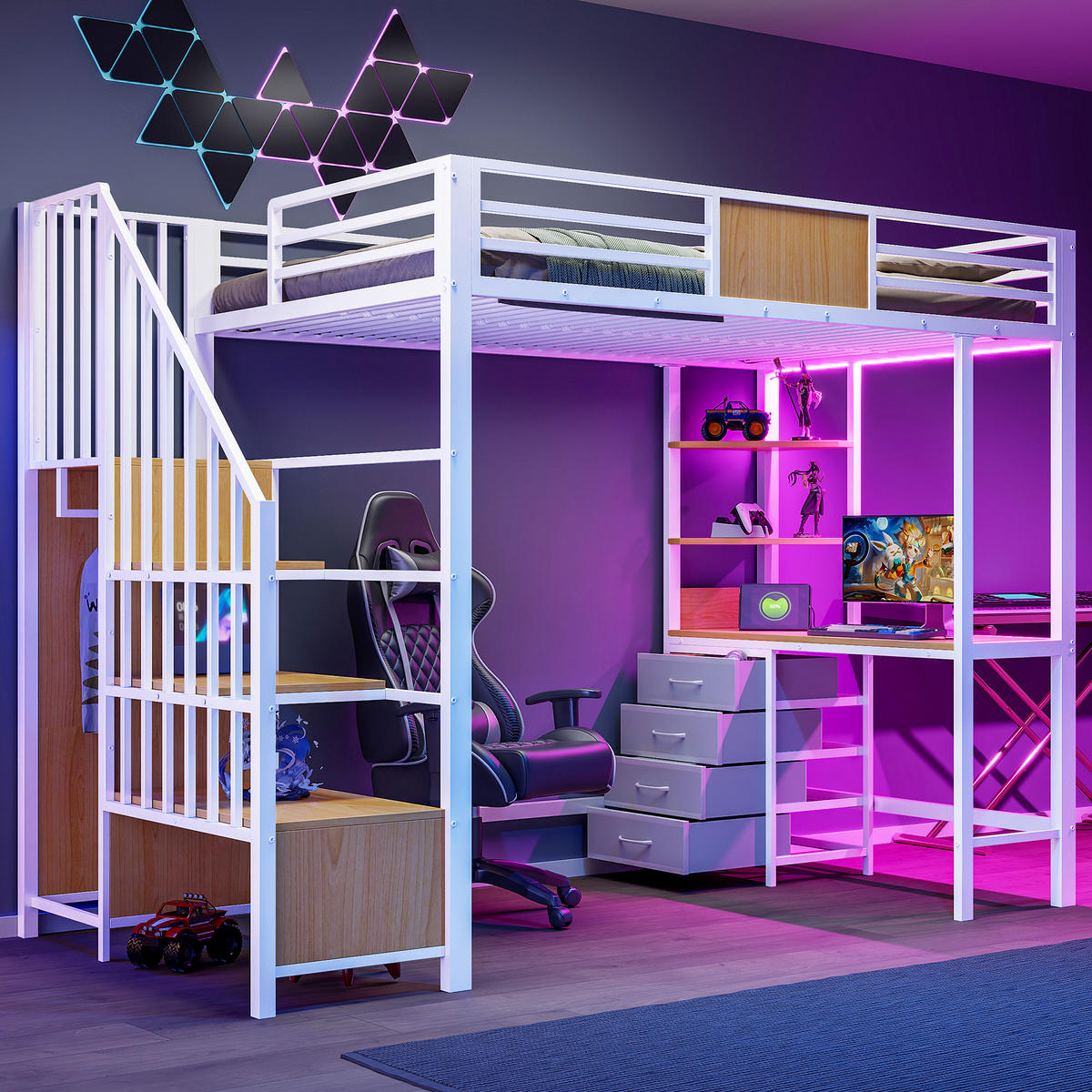 HOCHBETT 90/200 cm in Weiß mit Schreibtisch, Ablagefächern, Kleiderstange, LED und Steckdose aus Metall - Weiß, Holzwerkstoff/Metall (90/200cm) - CHICFURN