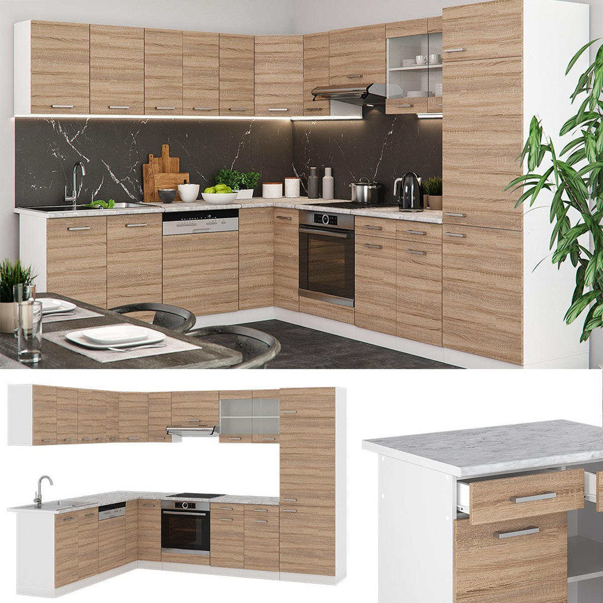 HÖRNKÖK R-Line, Sonoma/Vit, 287 x 227 cm utan bänkskiva - Vit/Sonoma ek, Träbaserade material (287/206.8/46cm) - Vicco