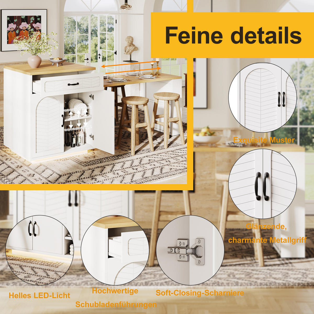 KÜCHENINSEL 80/70/95,5 cm weiß aus MDF mit Ausziehtisch - Weiß, Holzwerkstoff (80/95.5/70cm) - OKWISH