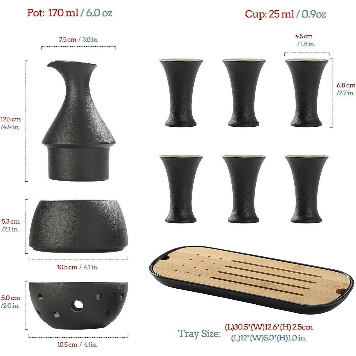 SAKE Set 10-teiliges Set Keramik mit Bambustablett und Ledertasche - Multicolor, Keramik (12/30.5cm)