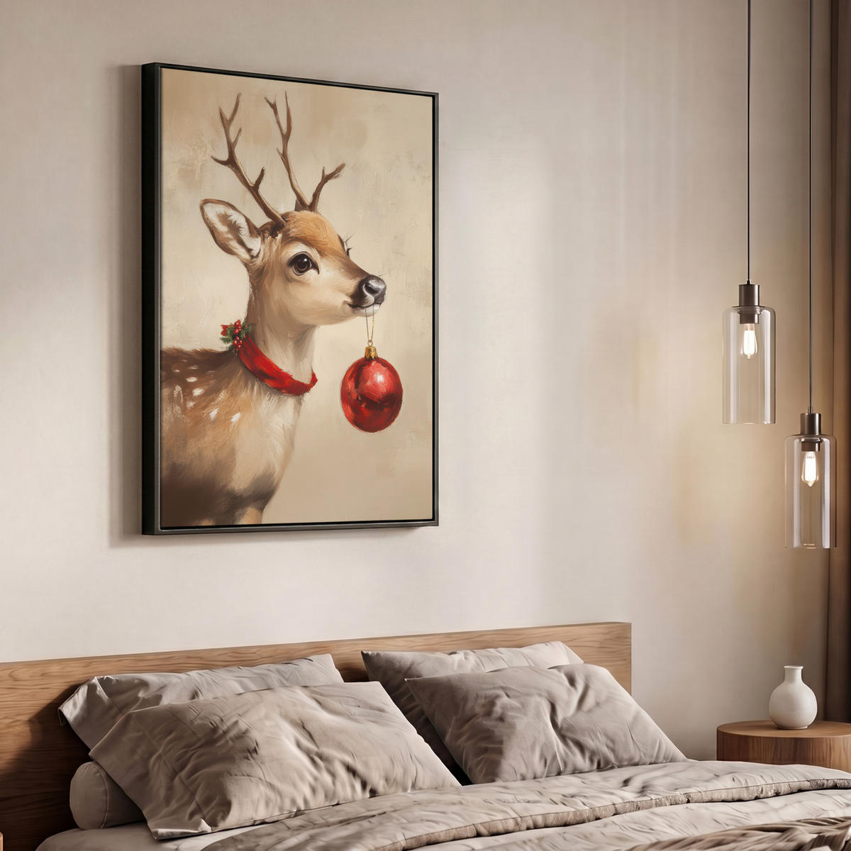 LEINWAND Bilder mit Rahmen - Weihnachten - Hirsch - Geweih - Weihnachtskugel - Rentier - 70x100 - Hellbraun, Textil (70/100cm) - MuchoWow