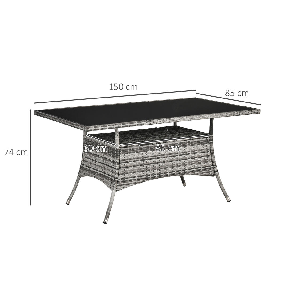 ESSTISCH, Grau+Schwarz, Metall, Sicherheitsglas, Polyrattan - Grau, Kunststoff (150/85/74cm) - Outsunny