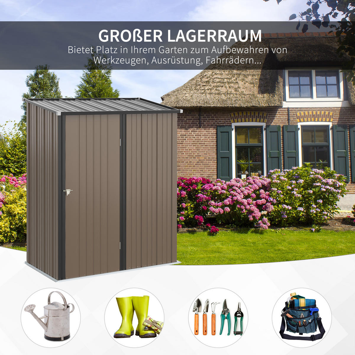 GERÄTEHAUS mit Pultdach, 1,34 m² Metall Gartenhaus, Geräteschuppen, Stahl, Braun - Braun, Metall (94.5/196/161.5cm) - Outsunny