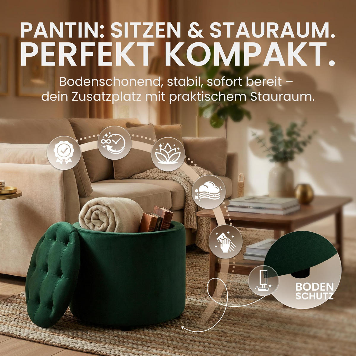 SITZWÜRFEL Samt Grün - Schwarz/Grün, Kunststoff/Textil (44/42/44cm) - CLP