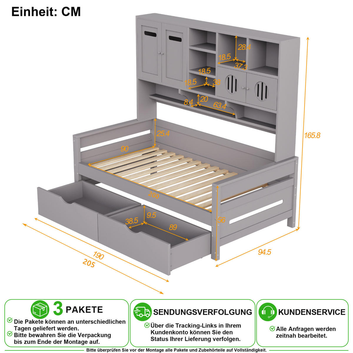 SCHLAFSOFA 90/200 cm in Grau mit 2 Schubladen, Regal und Stauraum - Grau, Holz/Holzwerkstoff (90/200cm) - CHICFURN