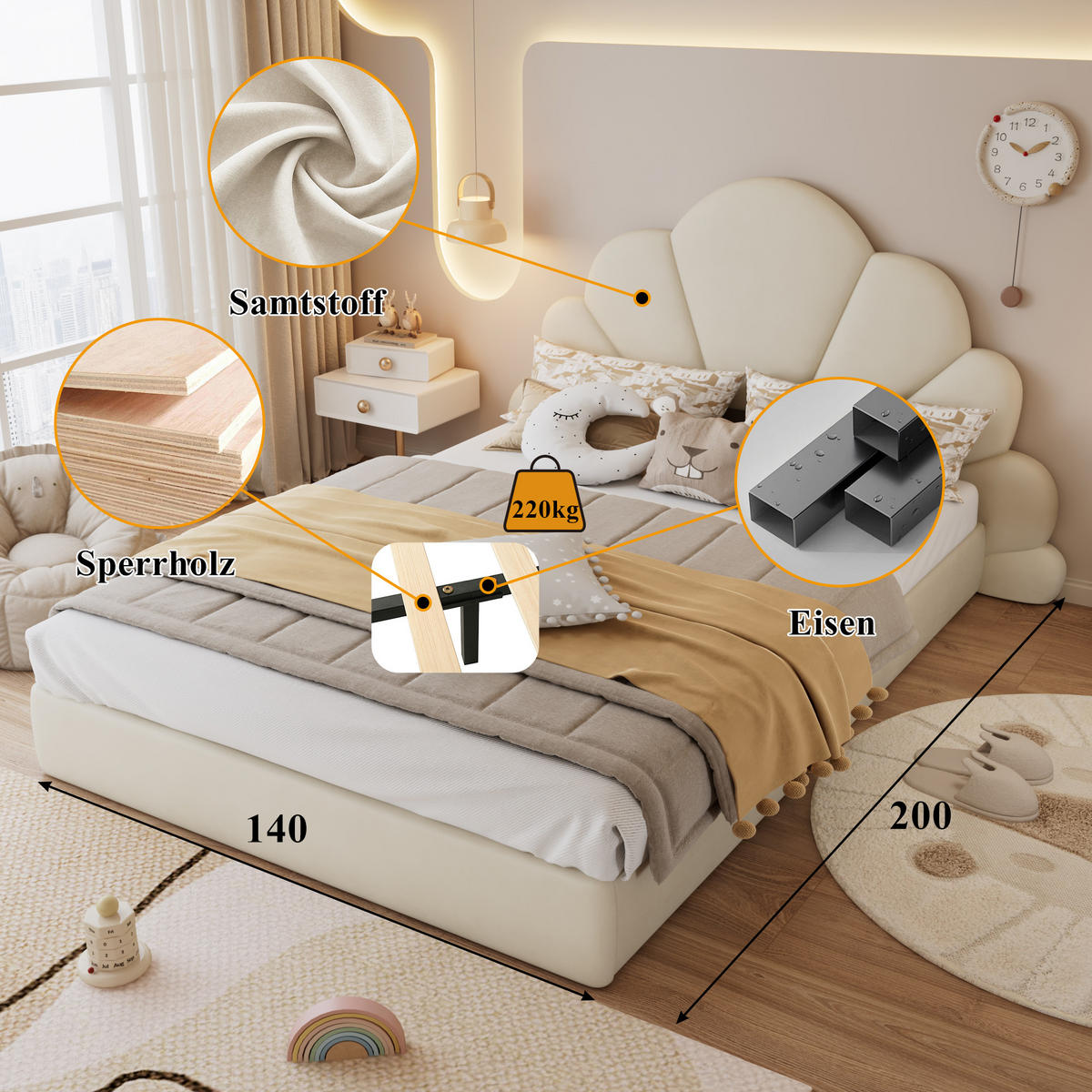 POLSTERBETT 140/200 cm in Beige Samt - Beige, Holzwerkstoff/Textil (140/200cm) - WISHDOR