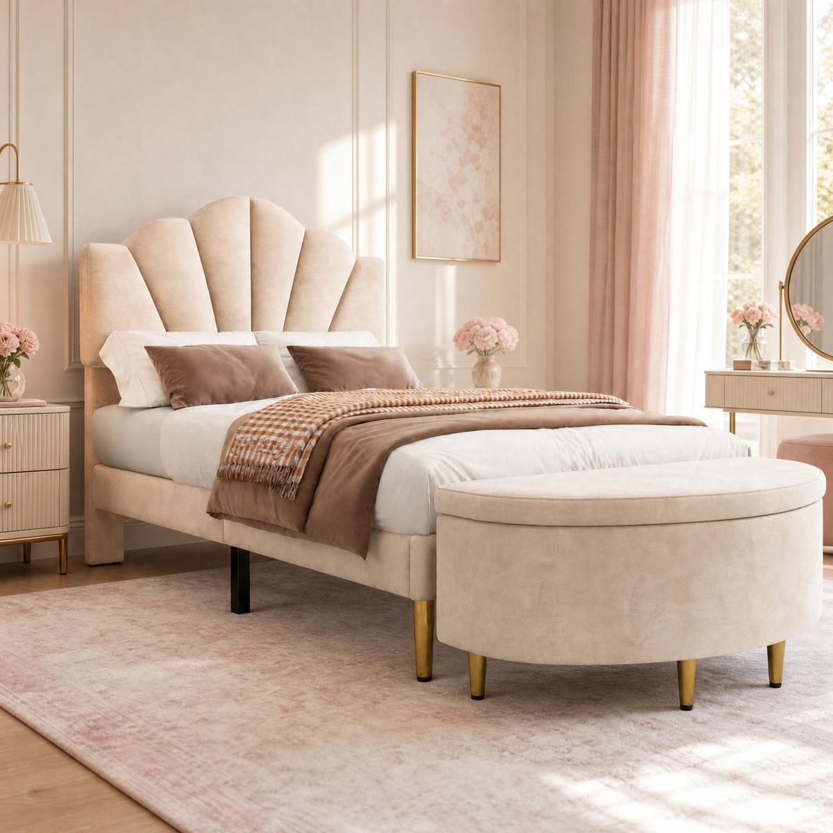 POLSTERBETT 90/200 mit verstellbarem Kopfteil und Stauraumbank in Beige - Beige, Holzwerkstoff/Textil (90/200cm) - EVRYAE