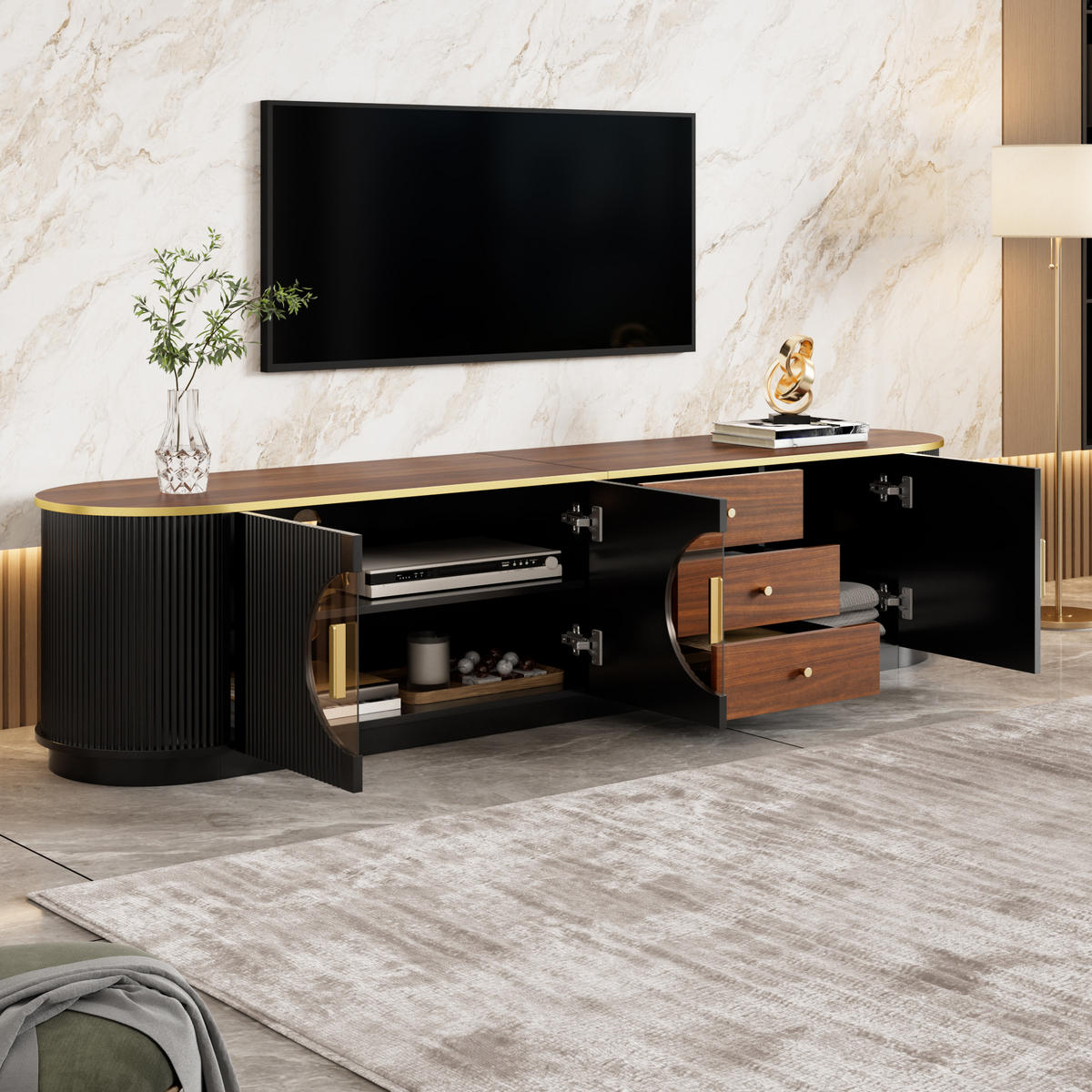 TV-ELEMENT 180/40/46 cm Schwarz mit 3 Schubladen und Aluminiumgriffe - Schwarz, Holz (180/46/40cm) - Oxeza