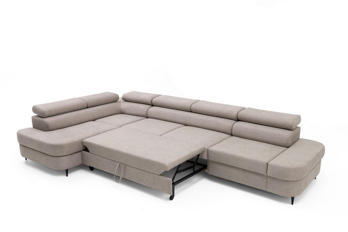 ECKSOFA PRIAM MAXI L-Form mit Schlaffunktion & Bettkasten, 6-Sitzer, 350cm, Verstellbare Kopfstützen Ottomane links - Beige, Holz/Textil (350/203cm) - Muffo