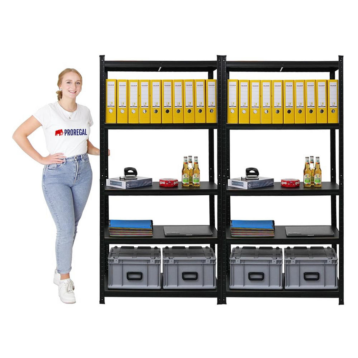 WOHNREGAL Ragnar 2er-Set mit 2x 180x90x40 cm Fachlast 100 kg Matt Schwarz - Schwarz, Metall (180/180/40cm) - PROREGAL