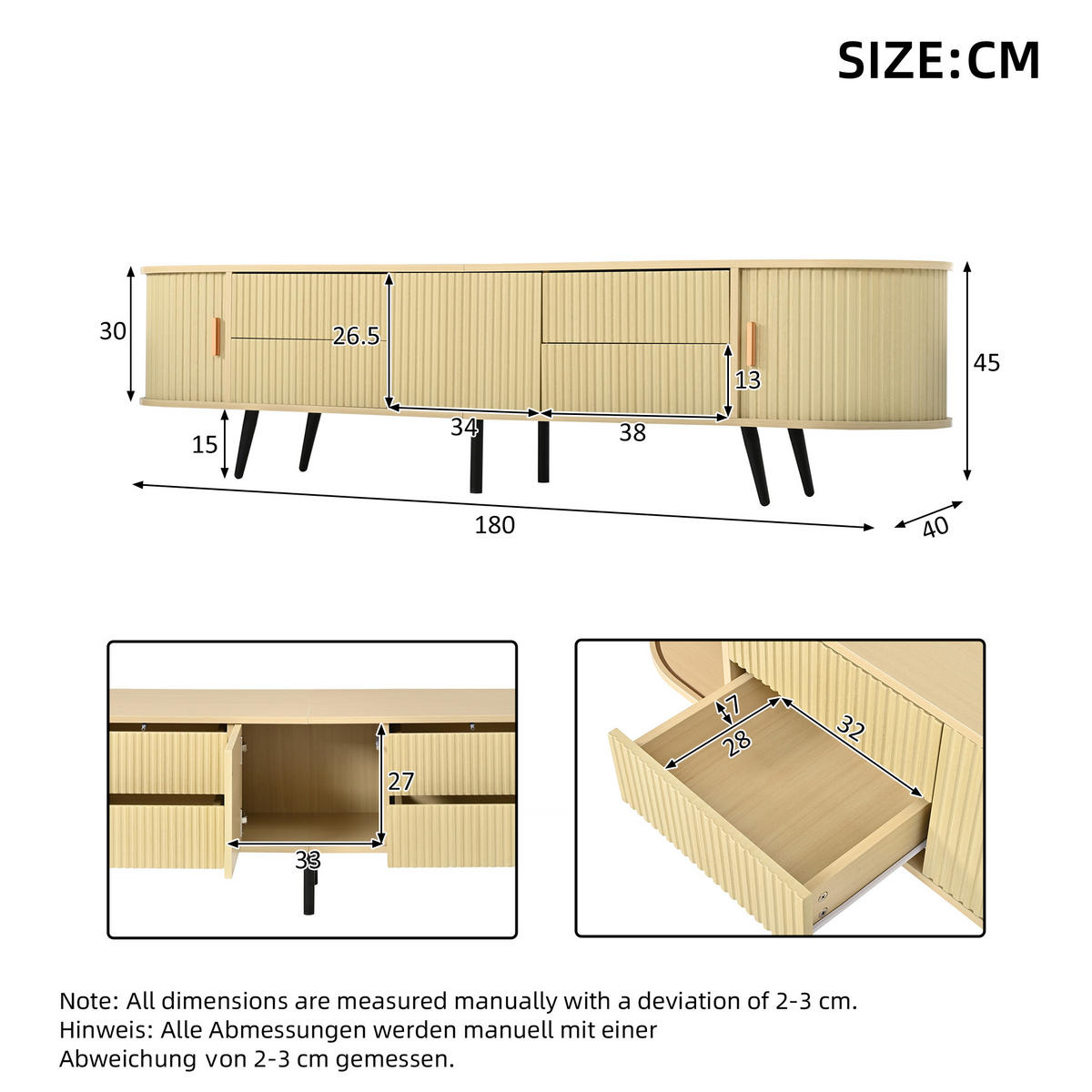LOWBOARD DE-40406 4 Schubladen mit Rolltür und Streifen-Design Holzfarbe - Naturfarben, Holzwerkstoff (180/45/40cm) - ComfortXL