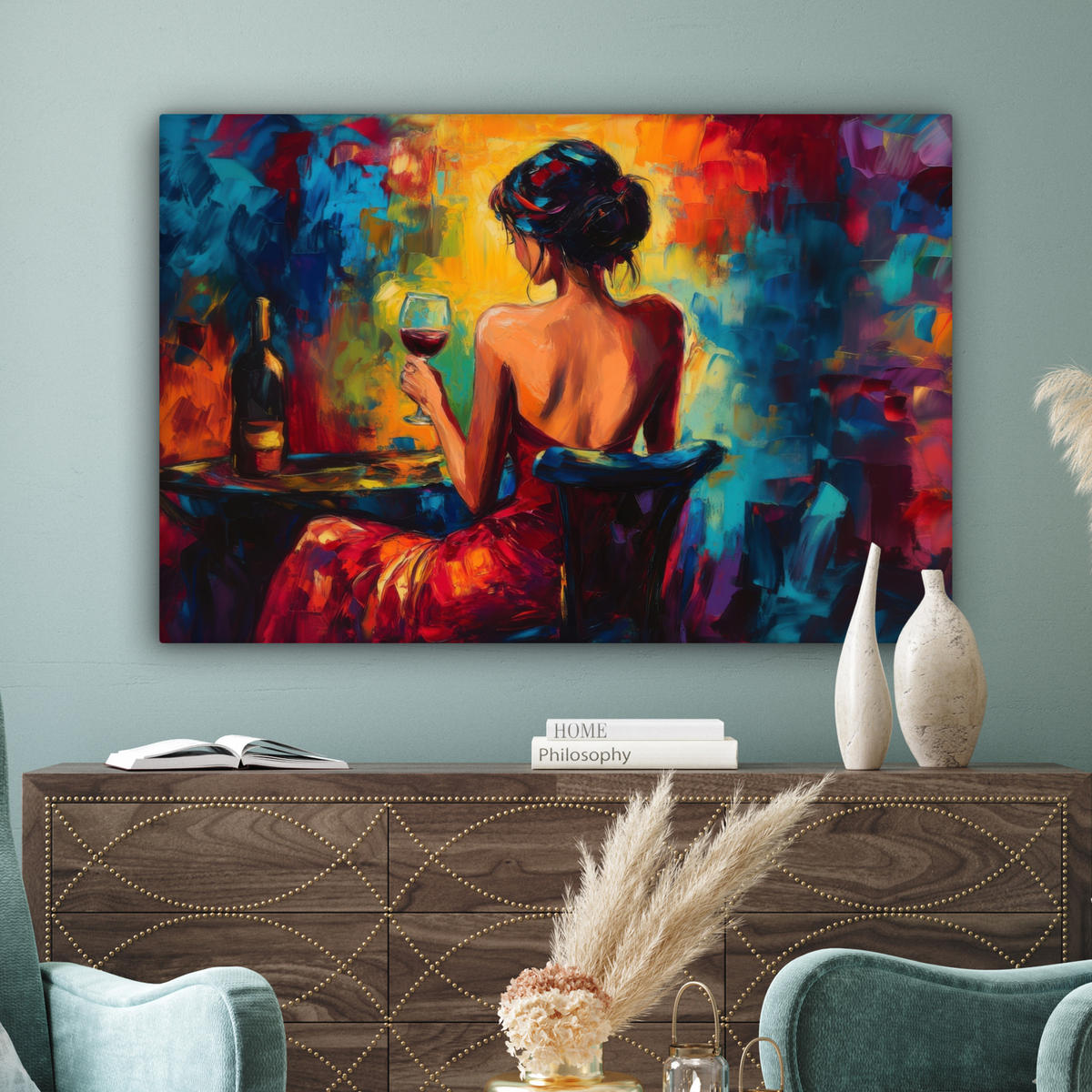 LEINWANDBILD Wein - Frau - Stimmungsvoll - Farbenfroh Wohnzimmer Groß 120x80 cm - Bordeaux, Textil (120/80cm) - MuchoWow