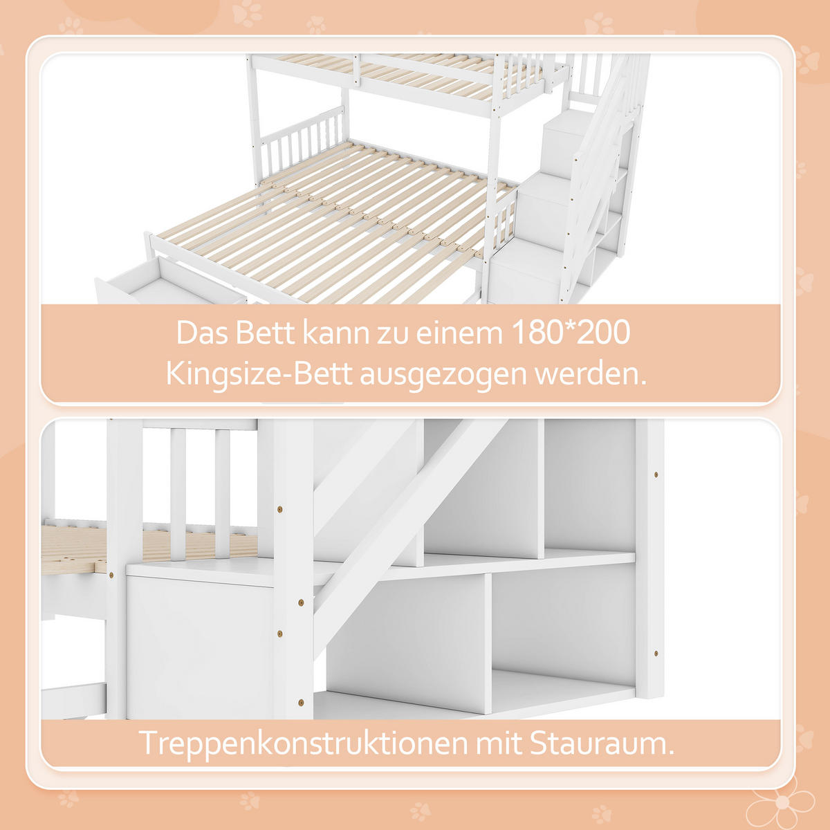 ETAGENBETT 90x200cm Weiß Kiefer Ausziehbett Schubladen - Weiß, Holz (90/200cm) - FLIEKS