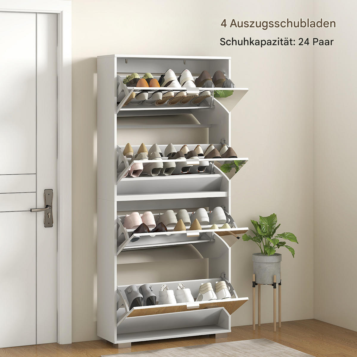 SCHUHSCHRANK mit vier Flügeltüren und verstellbaren Einlegeböden, Platz für 24 Paar Schuhe, Maße 76 x 26 x 168 cm - Weiß, Holzwerkstoff (76/168/26cm) - HOMCOM