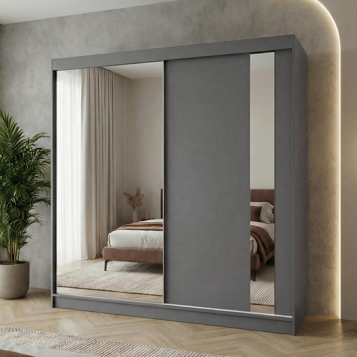 SCHWEBETÜRENSCHRANK Gaja 200/216/61 graphit mit Spiegel - Graphitfarben, Holzwerkstoff (200/216/61cm) - Beautysofa