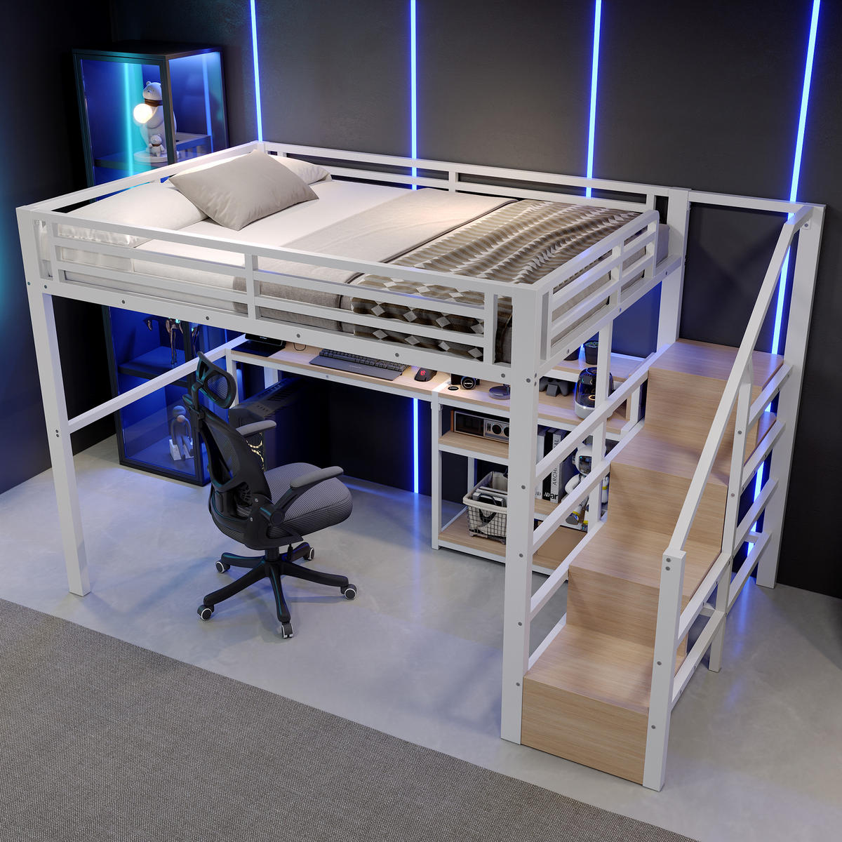 HOCHBETT 140/200 cm mit Leiterschrank und LED, DE-41996, in Weiß - Weiß, Metall (140/200cm) - ComfortXL