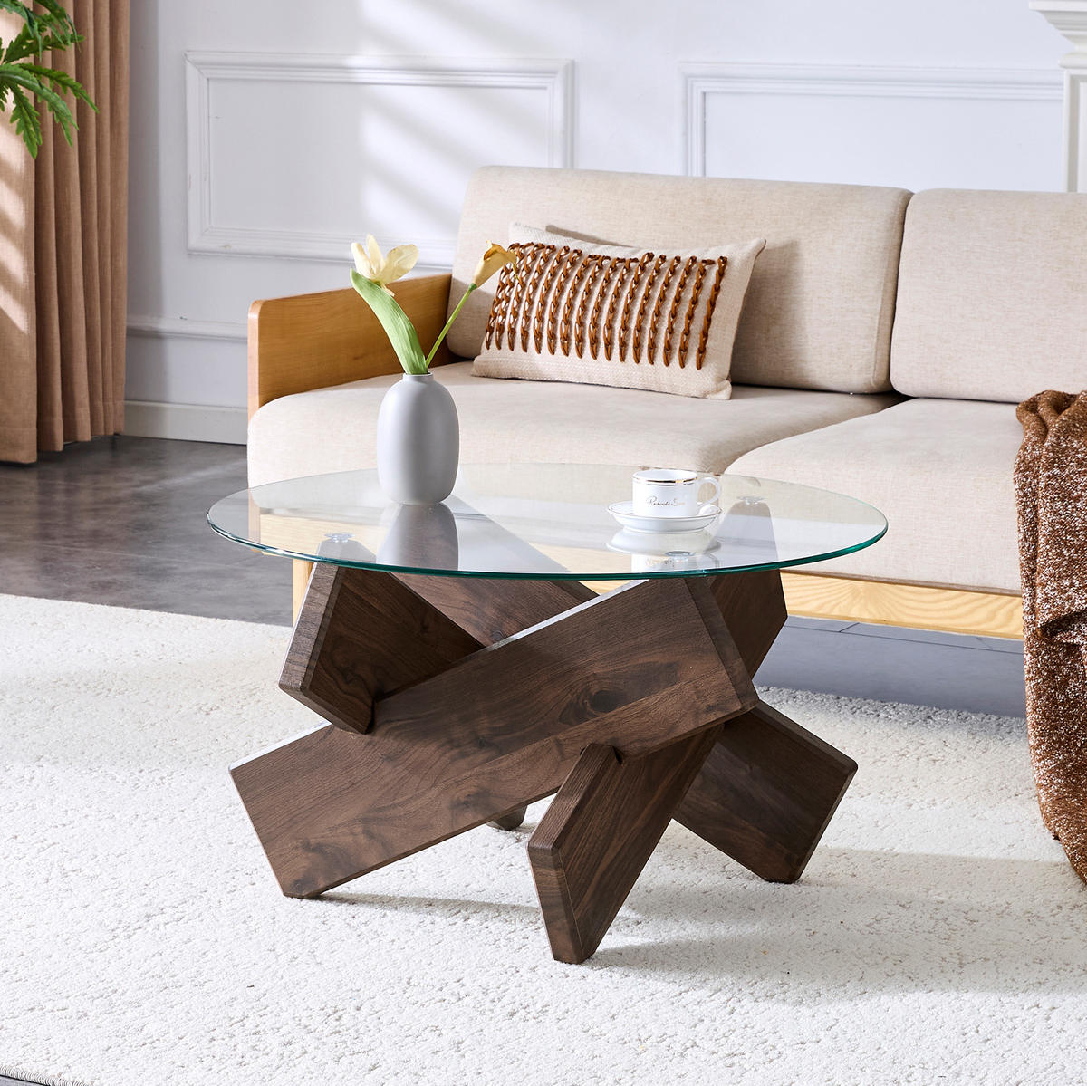 KLUBSKA miza iz MDF-ja in stekla, Ø 79/45 cm prozorna/oreh - prozorna, leseni material (79/79/45cm) - BEAOK