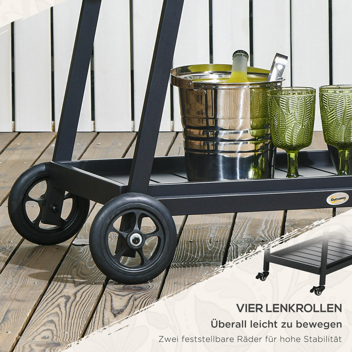 RATTAN Servierwagen Trolley mit Ablage, für Balkon, Stahl, Grau - Grau, Metall (52/82/79cm) - Outsunny