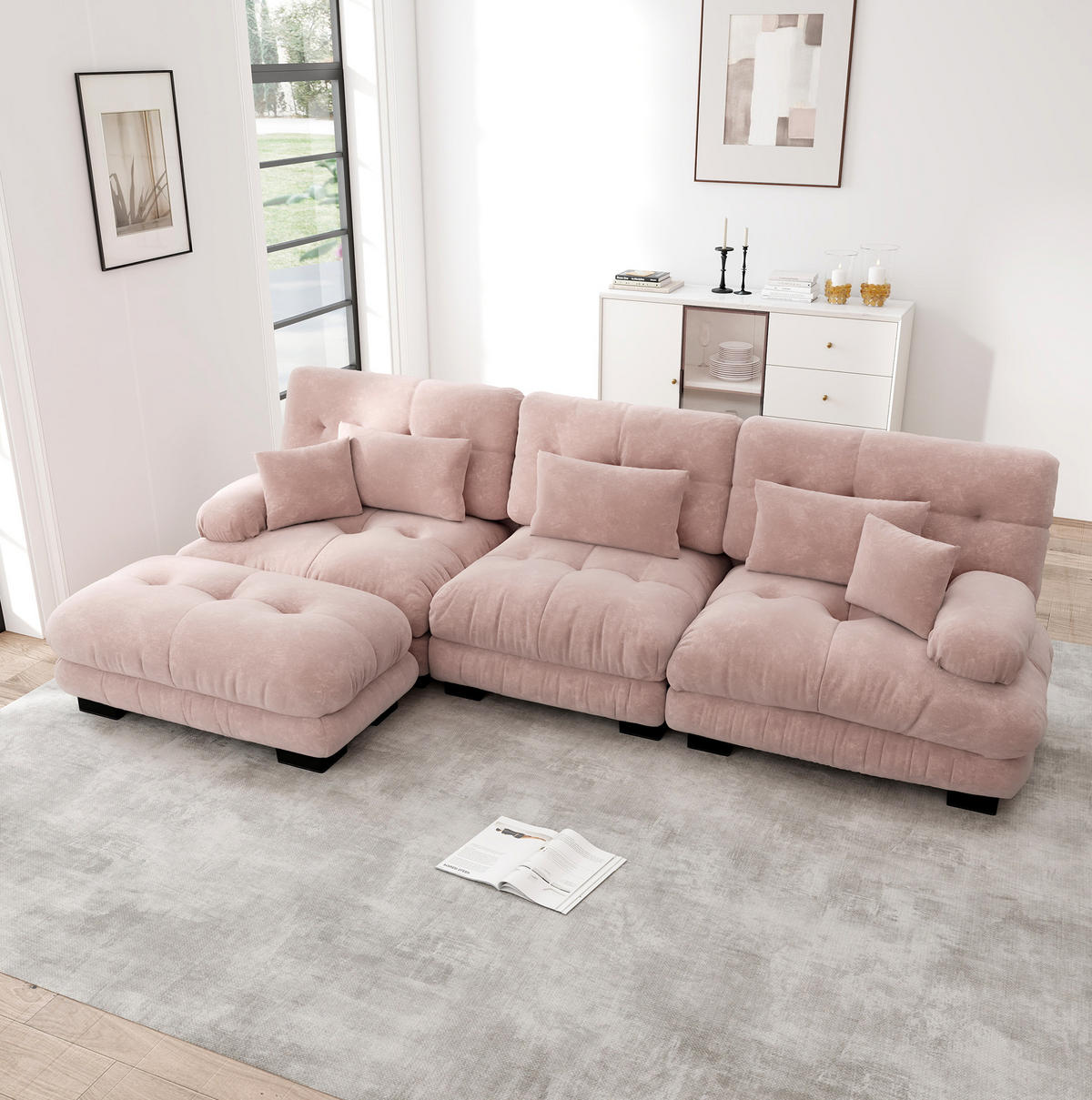 ECKSOFA 313/145/81 cm pink aus Chenille mit modularem Design und Ottomanen - Pink, Textil (145/313cm) - OKWISH