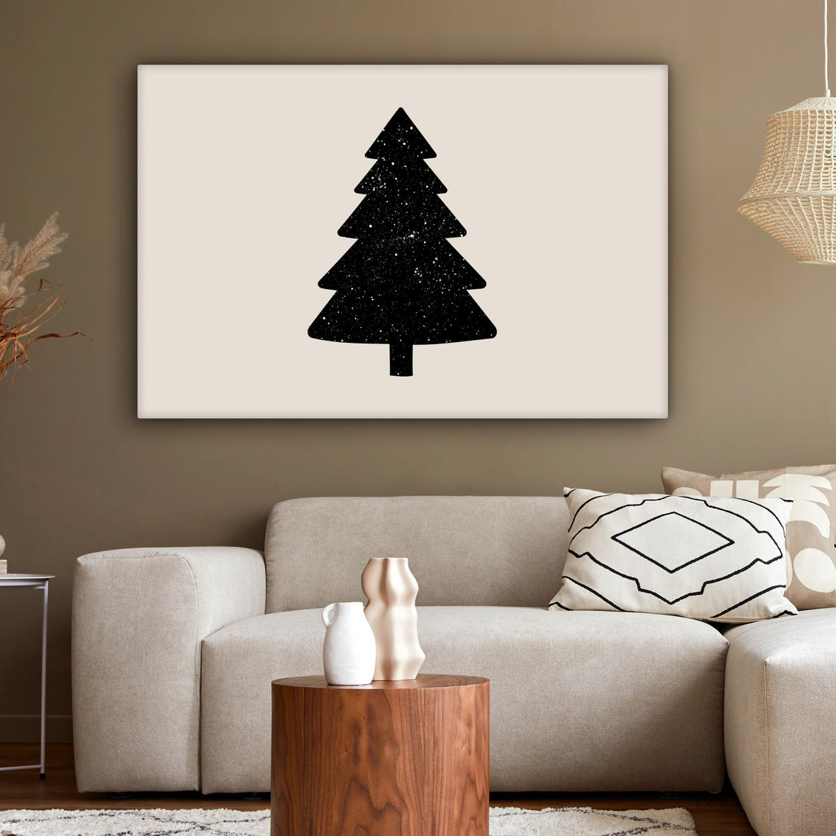 LEINWANDBILD Weihnachtsbaum - Schwarz - Urlaub - Beige Groß 140x90 cm - Schwarz, Textil (140/90cm) - MuchoWow