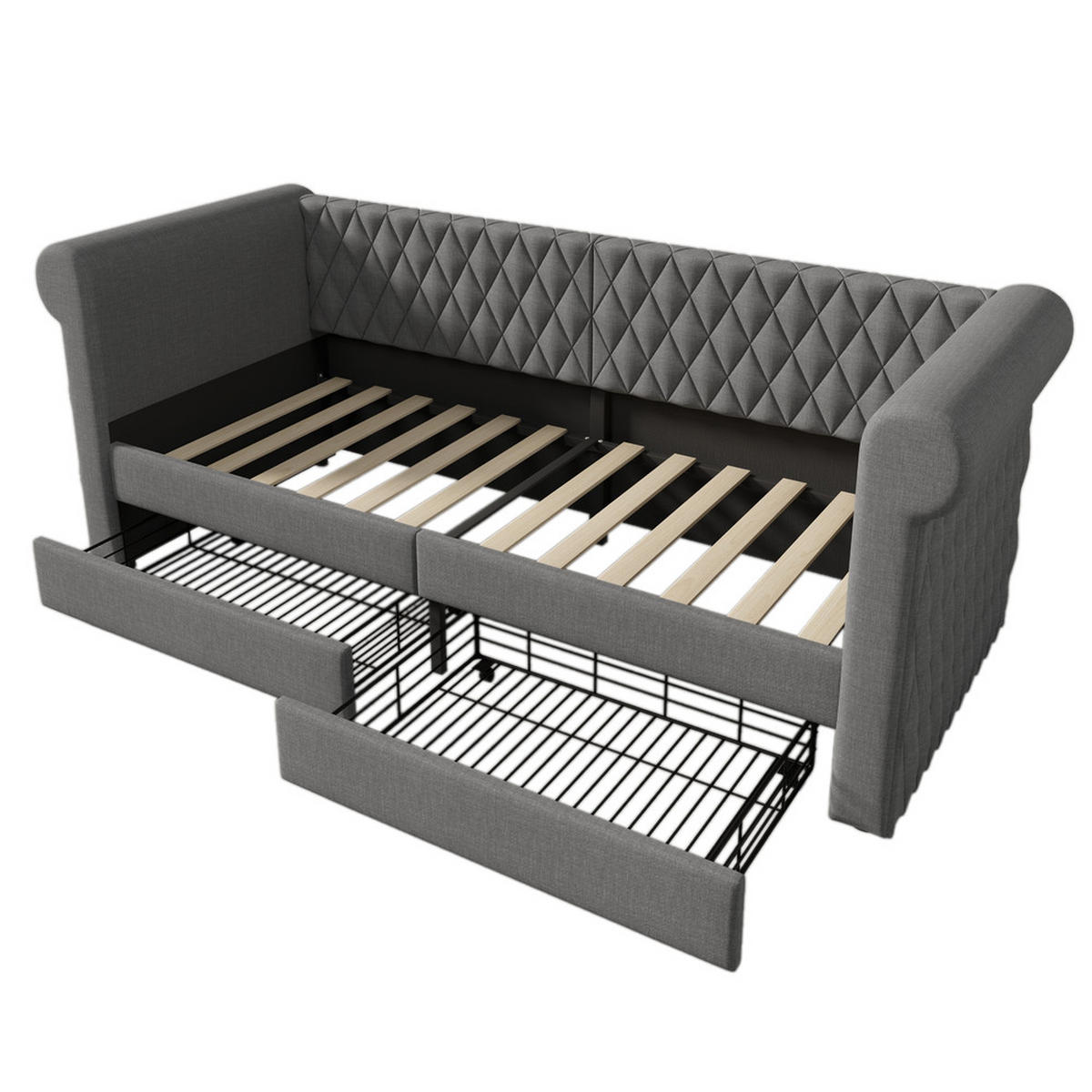 TAGESBETT 90x200cm Vintage Schlafsofa 2 Schubladen Grau Leinen - Grau, Holz (90/200cm) - FLIEKS