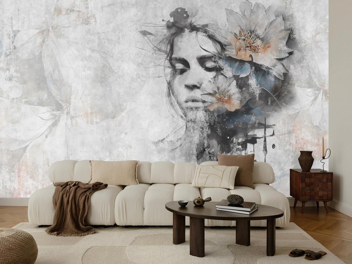 FOTOTAPETE für Wohnzimmer Gesicht Frau Grau Betonwand Blumen 250x175 - Grau, Papier (250/175cm) - Muralo