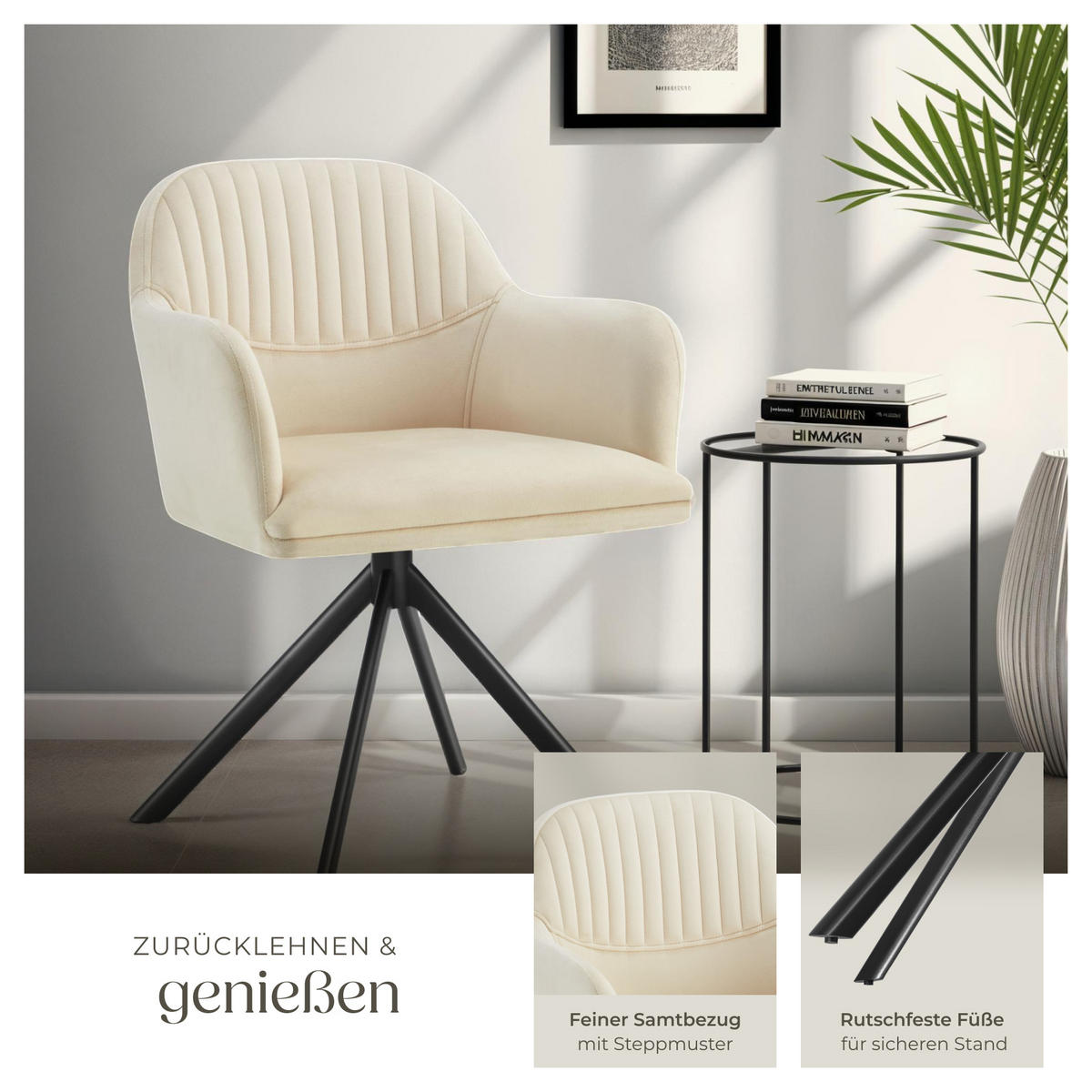 DREHSTUHL Lona 56 x 59 x 81 cm crème/schwarz - Creme/Schwarz, Textil (56/81/59cm) - tectake