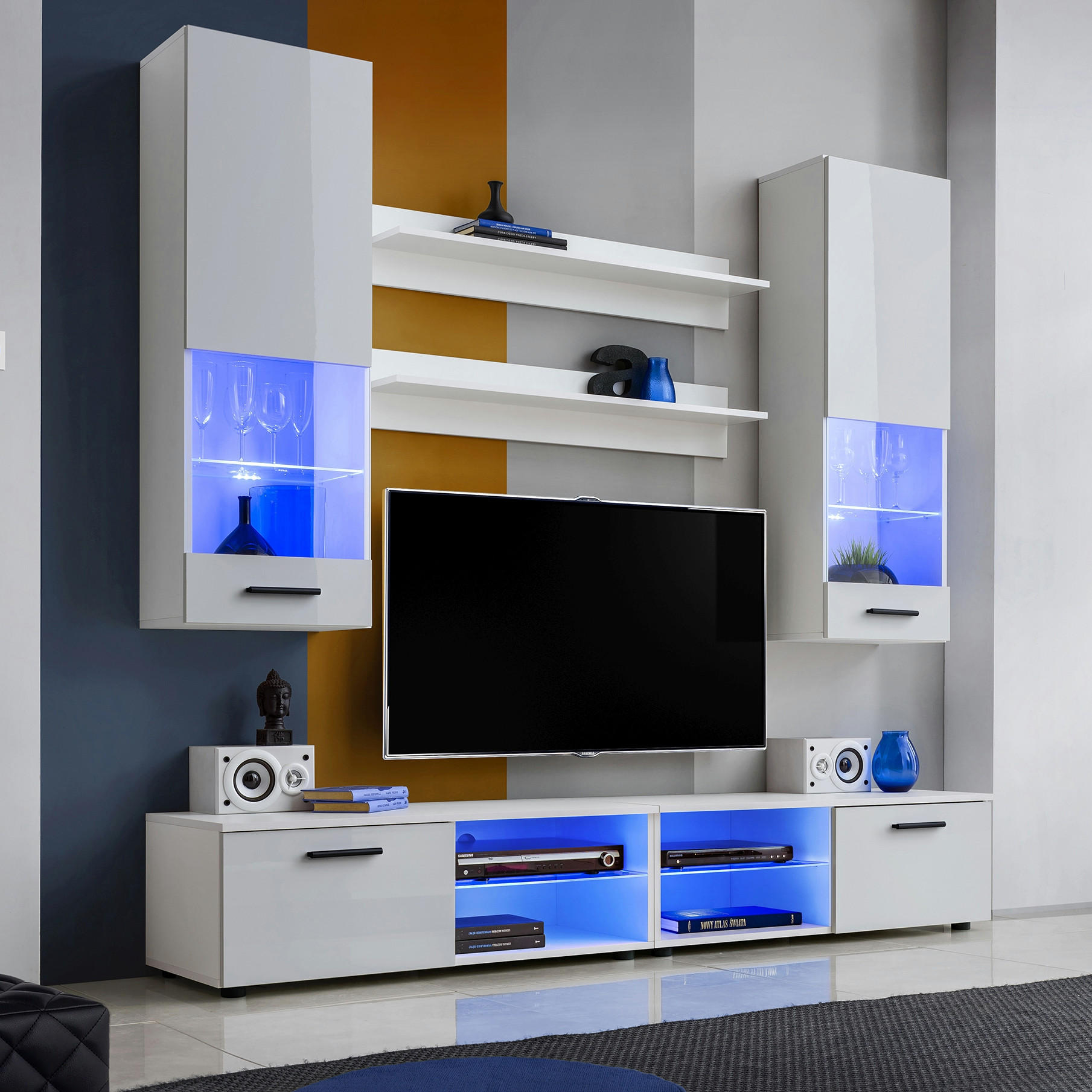 WOHNZIMMERSET VARALLO, 6er-Set, Weiß, Front Hochglanz Weiß , LED Blau - Schwarz/Weiß, Glas/Holzwerkstoff (200/190/45cm) - Komodee