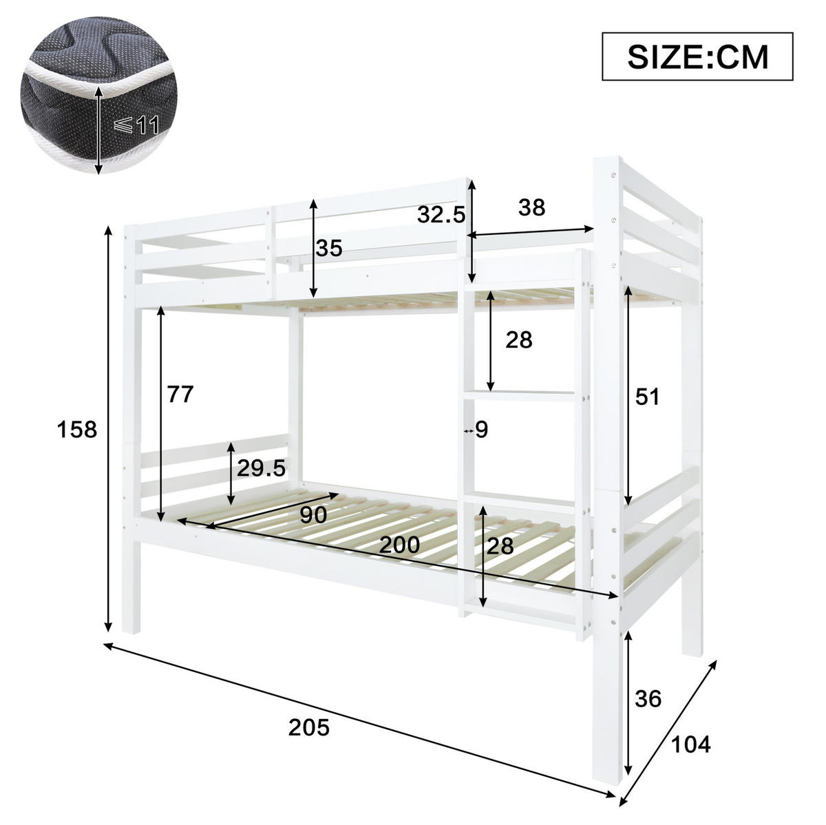 ETAGENBETT 90/200 cm in Weiß mit Absturzsicherung und teilbaren Einzelbetten - Weiß, Holzwerkstoff (90/200cm) - OKMYHOME