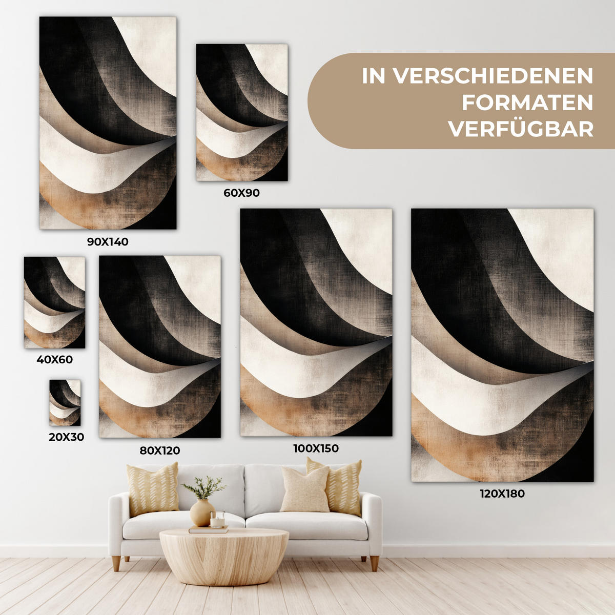 LEINWANDBILD Abstrakt - Wellen - Schwarz - Verwittert 80x120 cm - Trüffeleichefarben, Textil (80/120cm) - MuchoWow