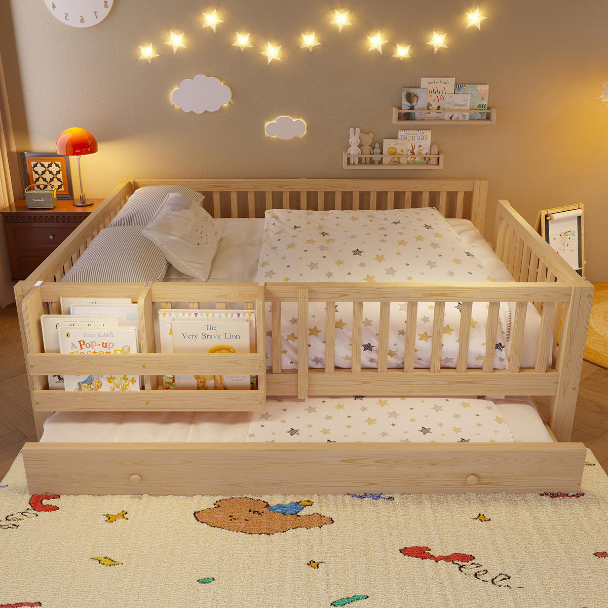 KINDERBETT 140/200 cm in Holzfarben mit Ausziehbett, Regal und Rausfallschutz Massivholz skandinavisches Design - Naturfarben, Holzwerkstoff (140/200cm) - STILVORA