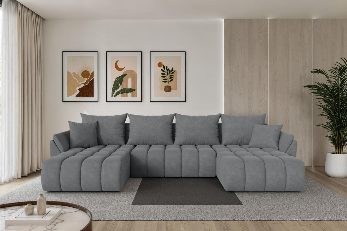 SEDACÍ SOUPRAVA DO U s funkcí spaní a úložným prostorem TOKO-U-v1 378x194x86 šedá velur - černá/šedohnědá, kompozitní dřevo/textil (378/86/194cm) - ALTDECOR