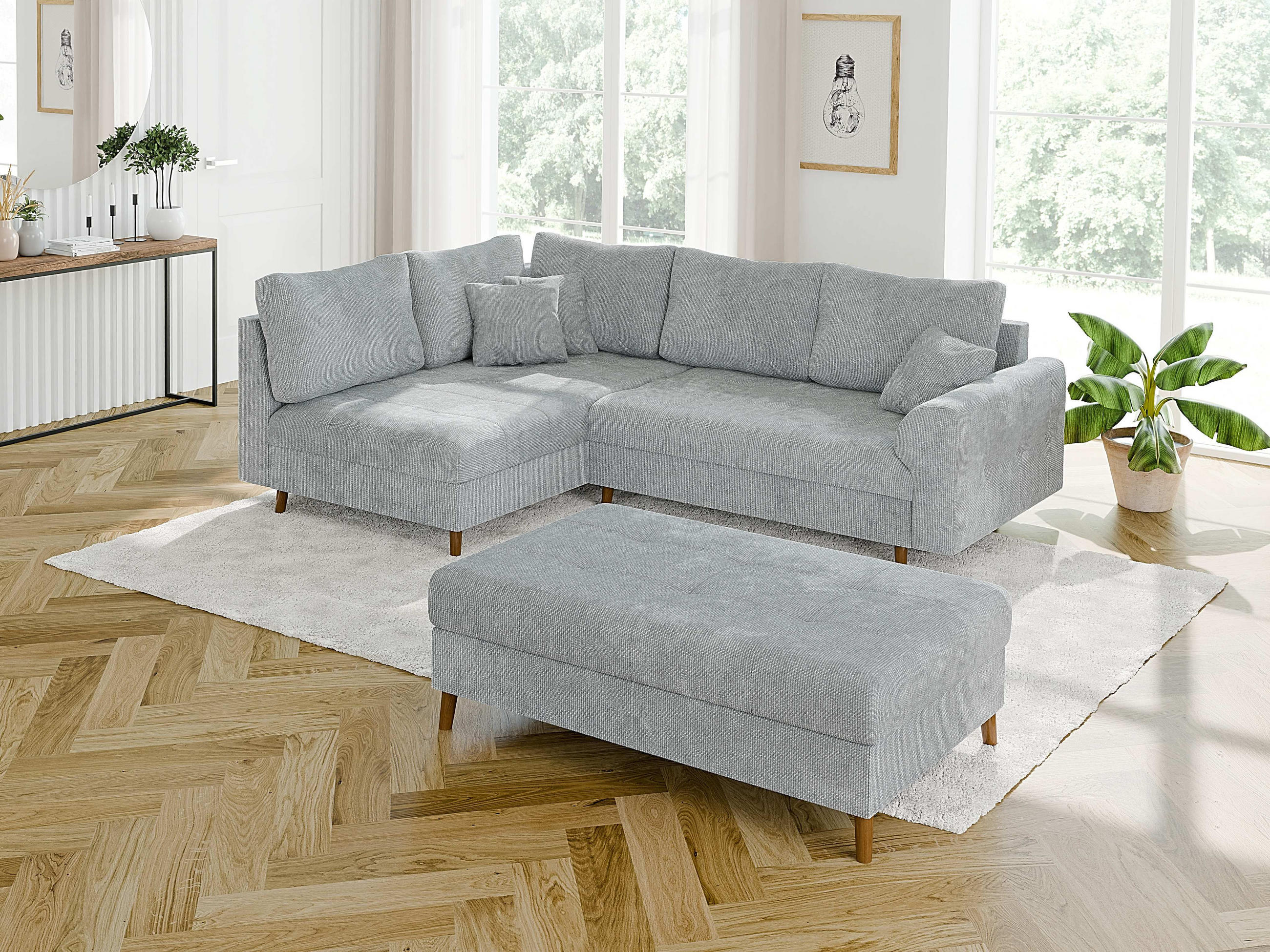 ECKSOFA inkl. Hocker Sigurd Hellgrau Chenille - Ottomane links - Hellgrau/Braun, Holz/Textil (231/161cm) - S-Style Möbel