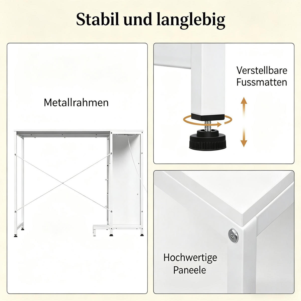 ECKSCHREIBTISCH Weiß 120/80/76 cm mit Stromanschluss USB Typ-C & Stoffschubladen - Weiß, Metall (120/80/76cm) - PANGIVO