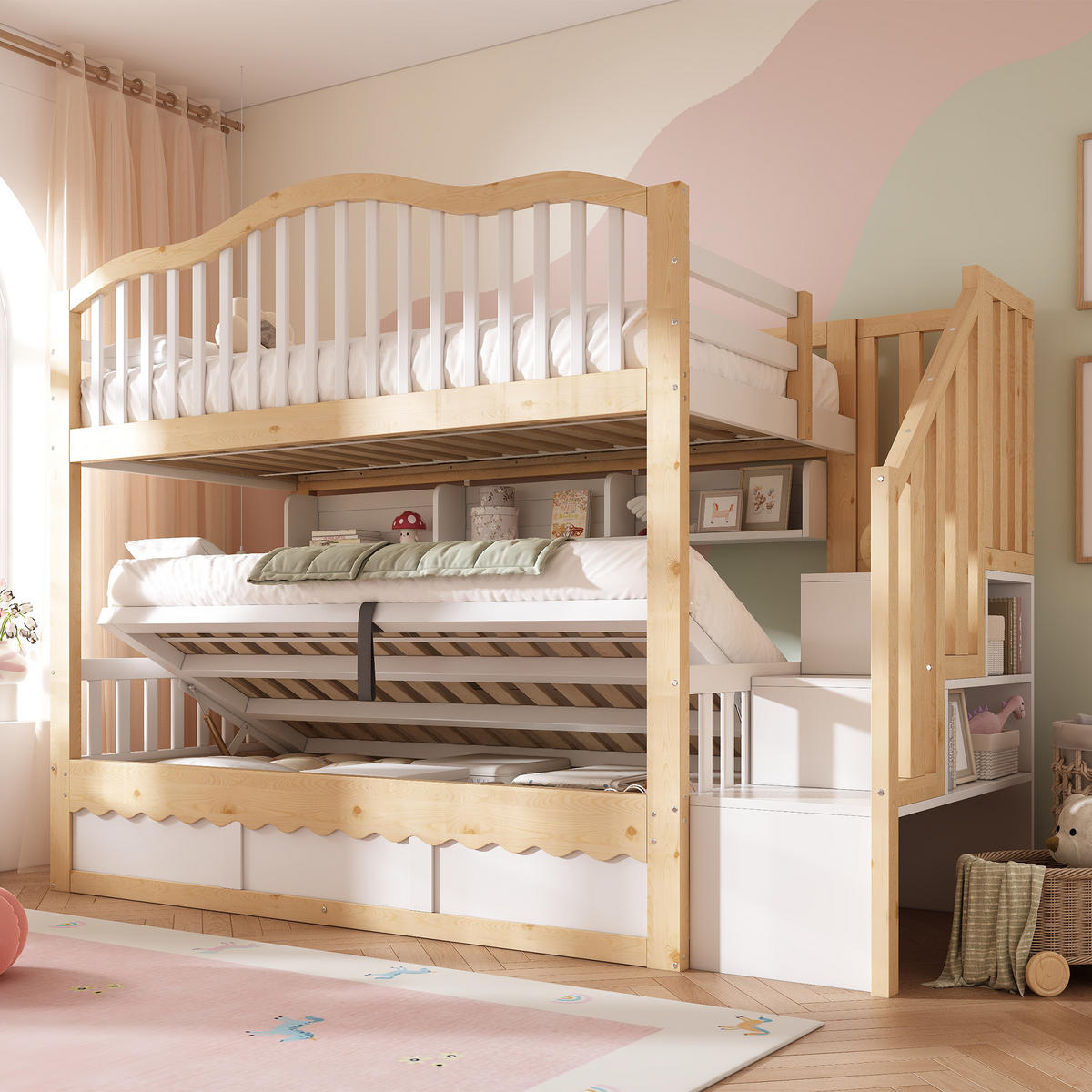 ETAGENBETT 90x200 cm Weiß Eiche mit Stauraum - Eichefarben/Weiß, Holz (90/200cm) - FLIEKS