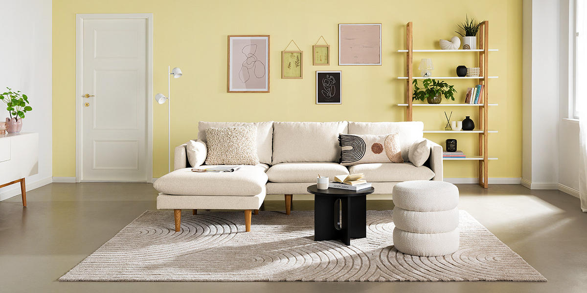 ECKSOFA mit Longchair - Webstoff - Beige/Buchefarben, Holz/Buchenholz (242/150cm) - home24