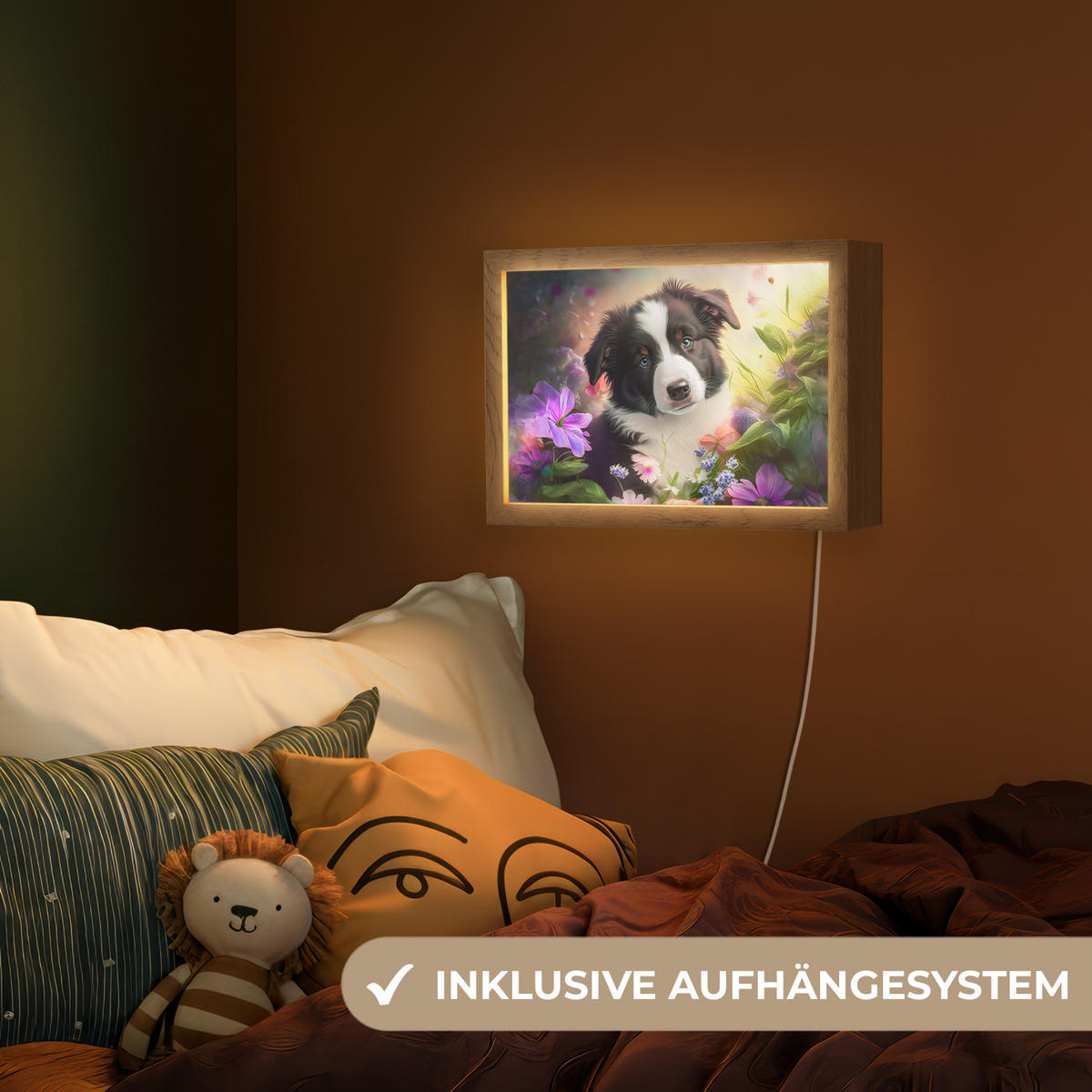 NACHTTISCHLAMPE Welpe - Sonne - Blumen - Natur - Border Collie - Hund 30x20 cm - Violett, Holzwerkstoff (8/30/20cm)