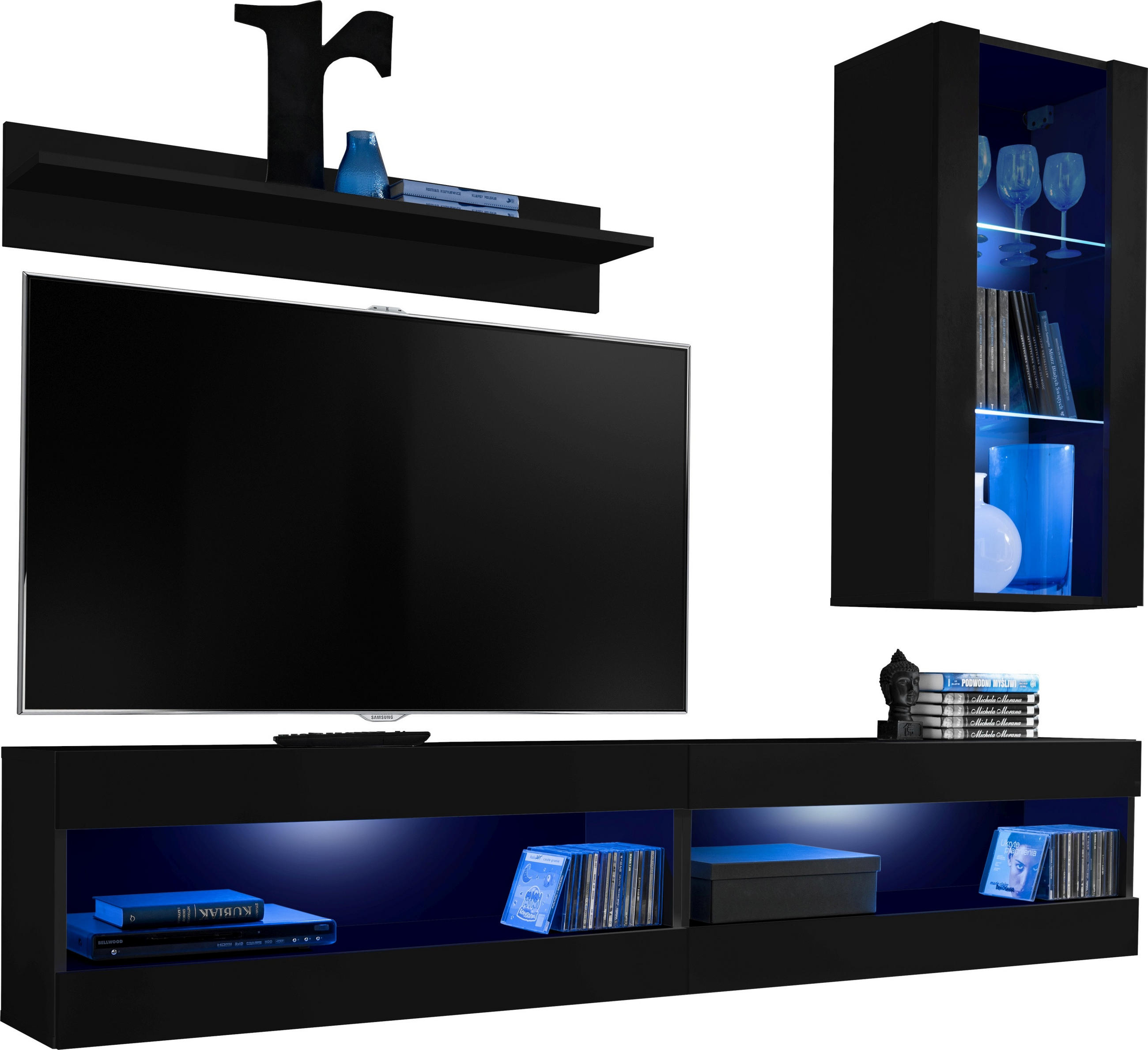 WOHNWAND TIVOLI SET5-BLACK/BLACK+BLU Offener Raum Schwarz Schwarz - Schwarz, Glas/Holzwerkstoff (200/195/35cm) - Komodee