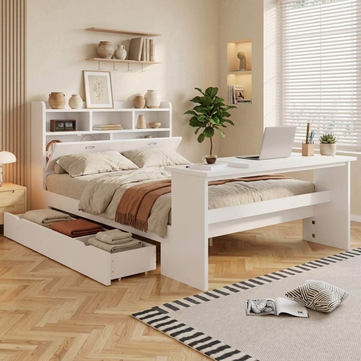 BETT mit Stauraum 140x200 cm Weiß 4-tlg. - Weiß, Holz (140/200cm) - Meubliv