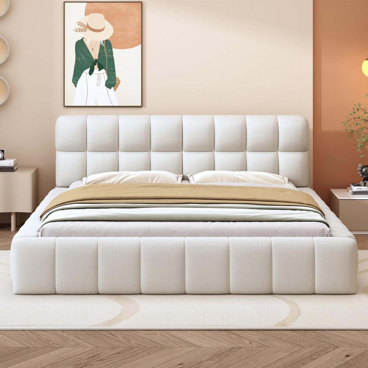 POLSTERBETT 140 x 200 cm mit weicher Rückenlehne in Beige Leinen - Beige, Holz/Textil (140/200cm) - KOMHTOM
