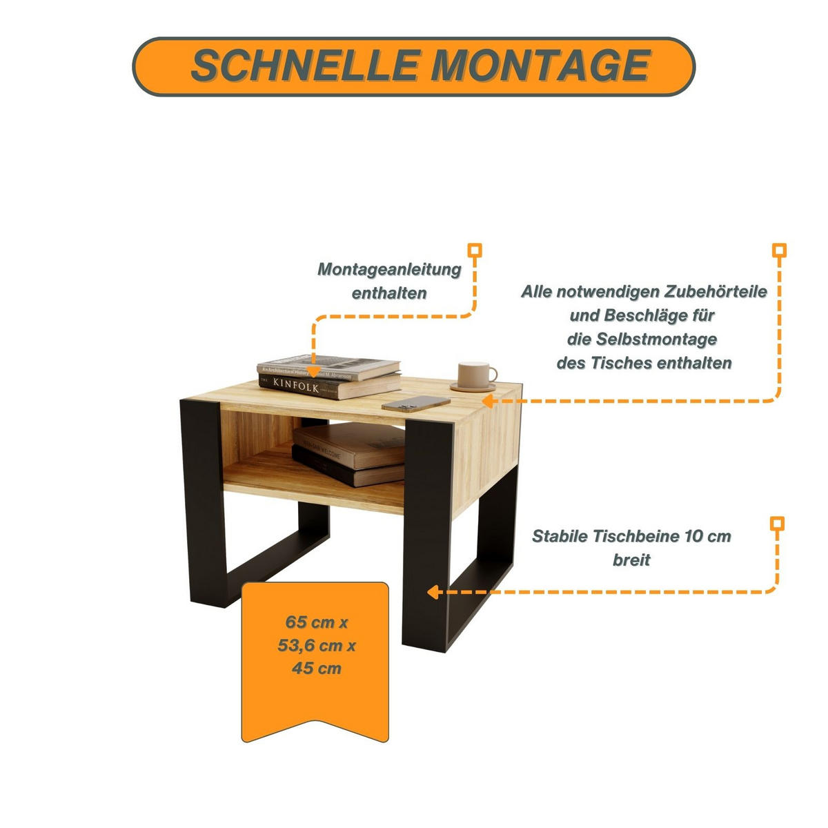 COUCHTISCH Holzwerkstoff rechteckig stabil Kiefer Milford 45/53,6/65cm - Kiefer Milford/Schwarz, Holzwerkstoff (53.6/65/45cm) - CraftPAK