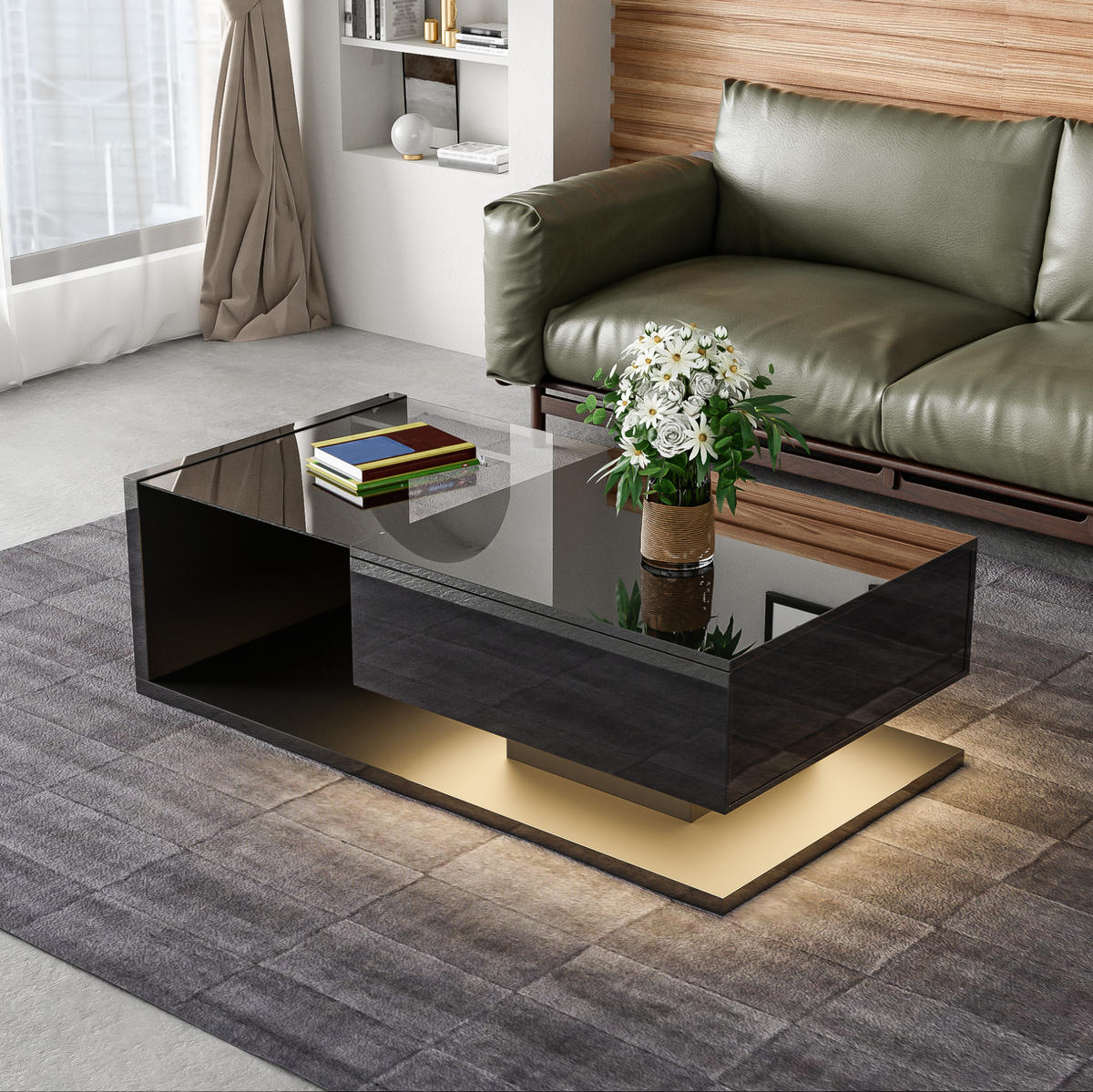 COUCHTISCH aus Spanplatte 105x55x32,5 cm in Schwarz Hochglanz mit LED-Beleuchtung - Schwarz, Holzwerkstoff (105/55/32.5cm) - Modfu