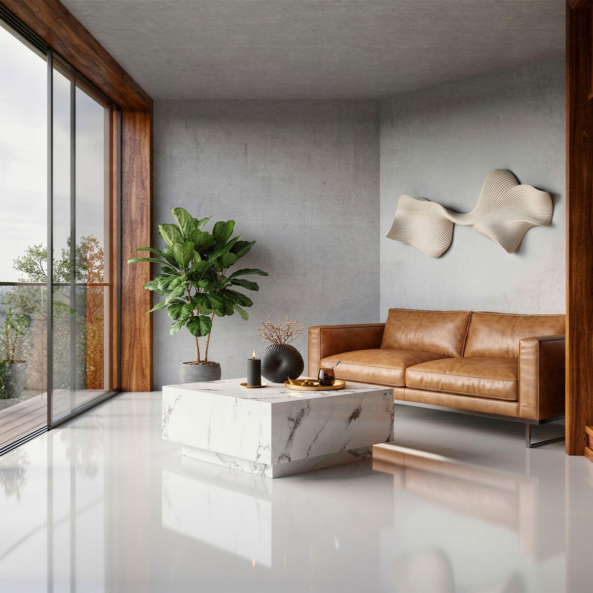 COUCHTISCH Lasley, inkl. Bodenschoner, Belastbarkeit 45 kg, Marmor Optik weiß - Weiß, Holz (80/80/35cm) - tectake