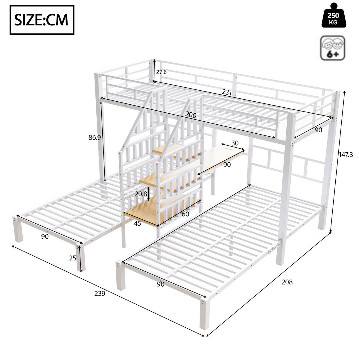 ETAGENBETT 3 Betten 90/200 cm, Weiß mit LED, USB, Schreibtisch - Weiß, Metall (90/200cm) - MIVRAY