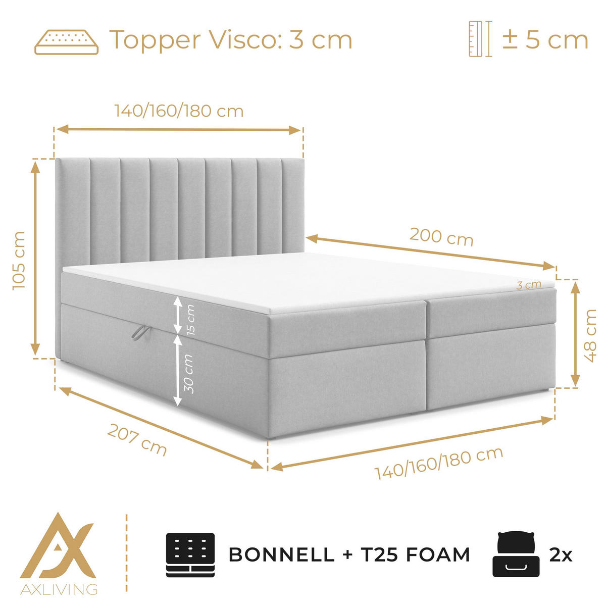 BOXBETT BURSA 140x200 cm mit Bettkasten und Matratze - Beige + TOPPER - Beige/Schwarz, Holz/Holzwerkstoff (140/200cm) - AX Living