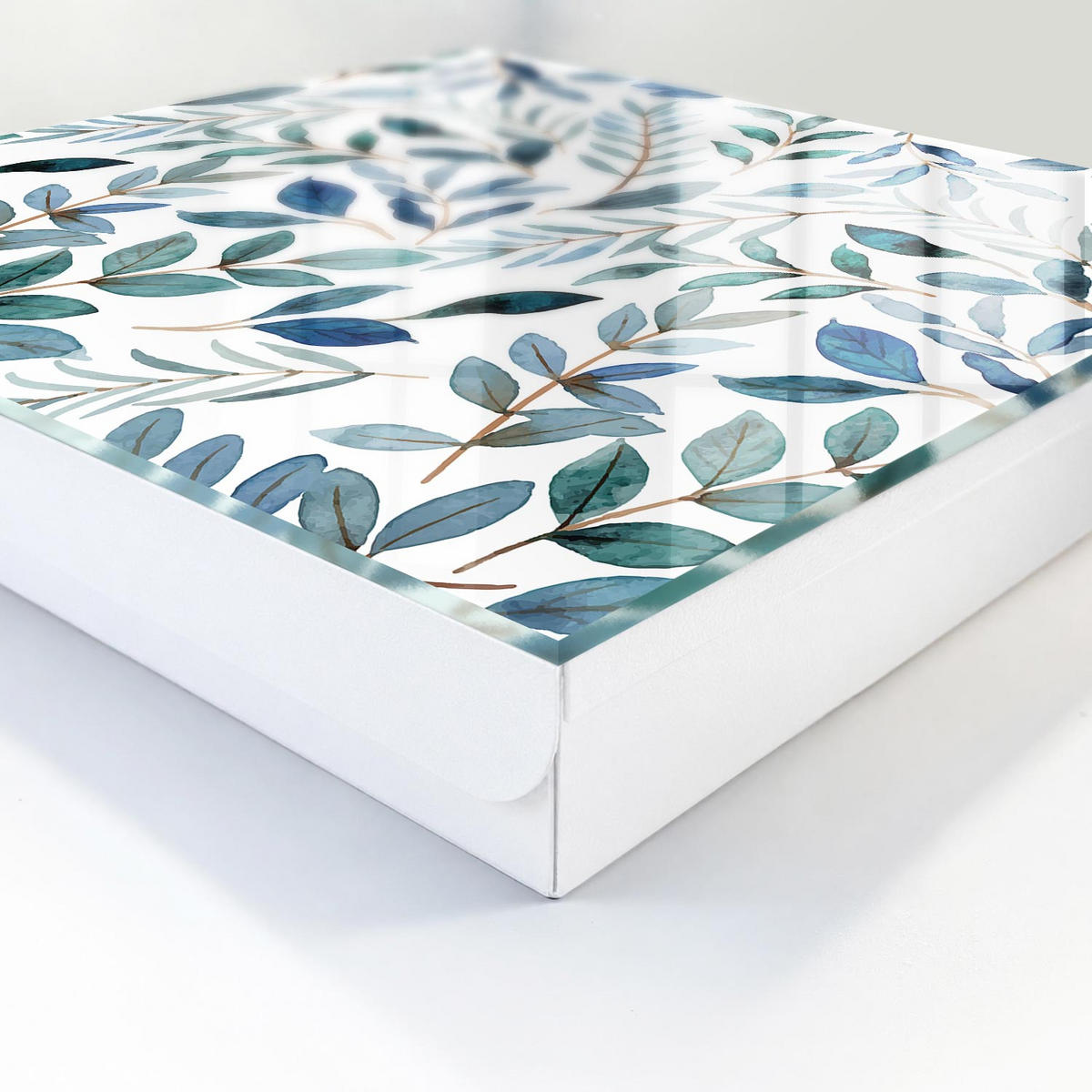 SCHLÜSSELBOX Weiß 30x30 cm – Türöffnung nach rechts - Pflanzen-Aquarelle - Blau, Metall (30/30/5cm) - TULUP