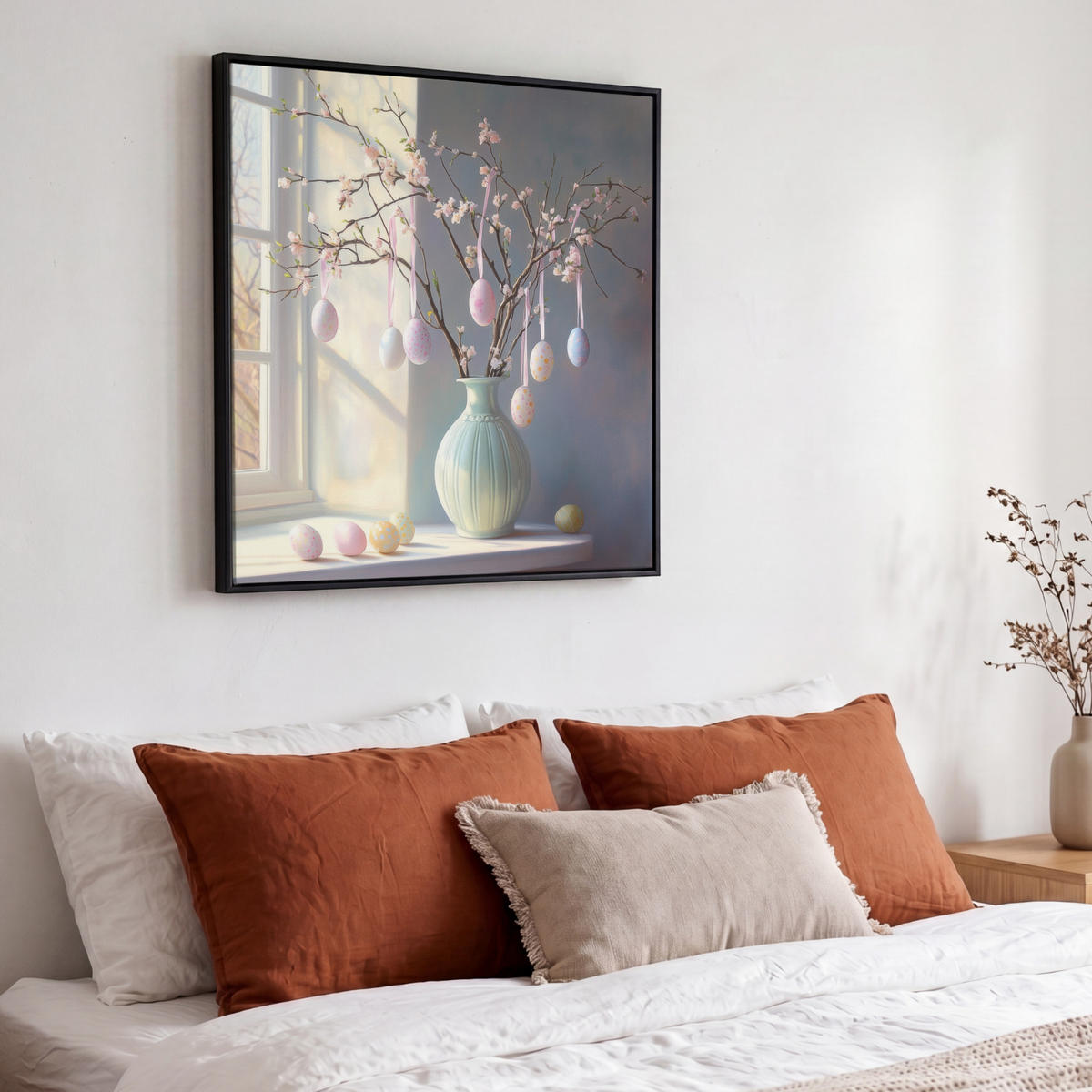 LEINWAND Bilder mit Rahmen - Stillleben - Vase - Osterzweig - 50x50 - Hellblau, Textil (50/50cm) - MuchoWow