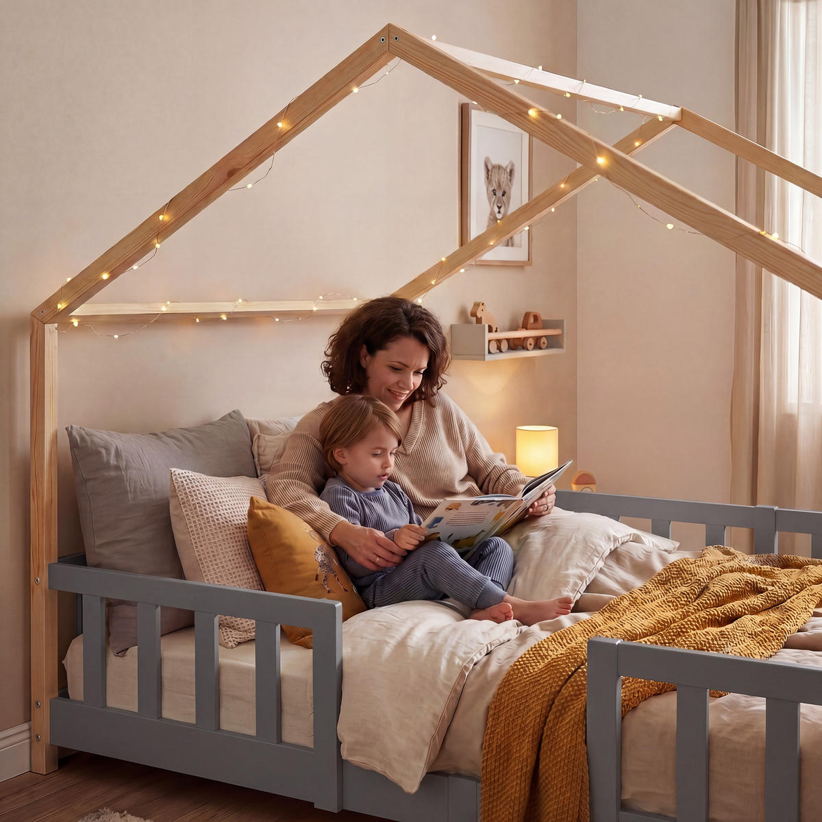 HAUSBETT Treviolo - Hellgrau/Naturfarben, Holz (120/200cm) - [en.casa]