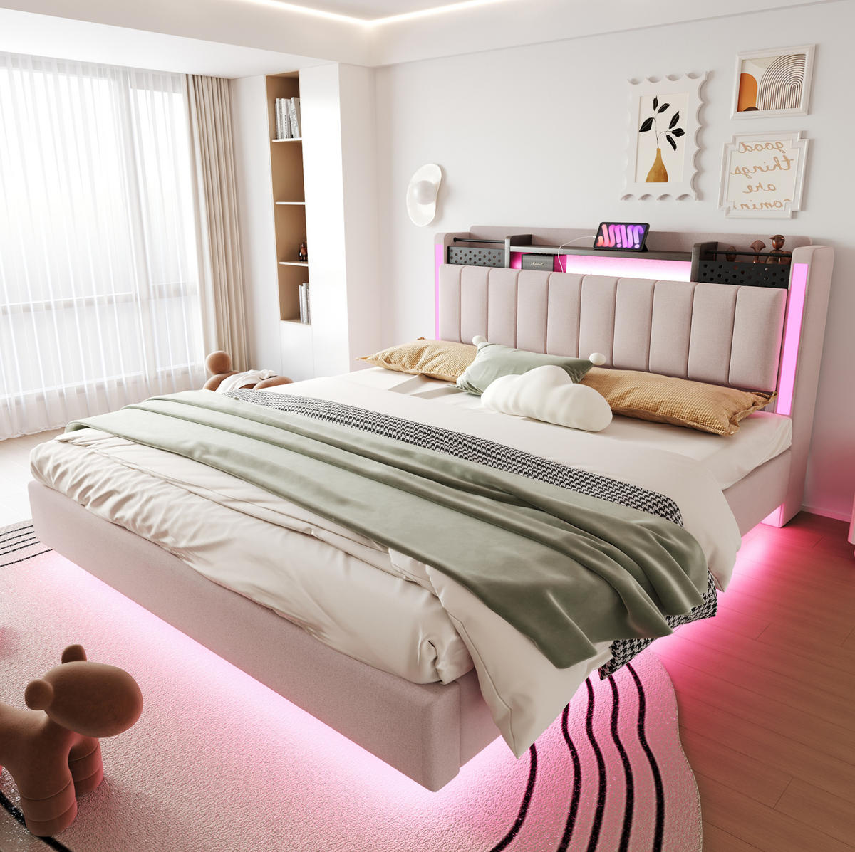 ČALÚNENÁ posteľ 160/200 cm s LED osvetlením, USB portom a úložným čelom, Béžová - béžová, textil (160/200cm) - Redom